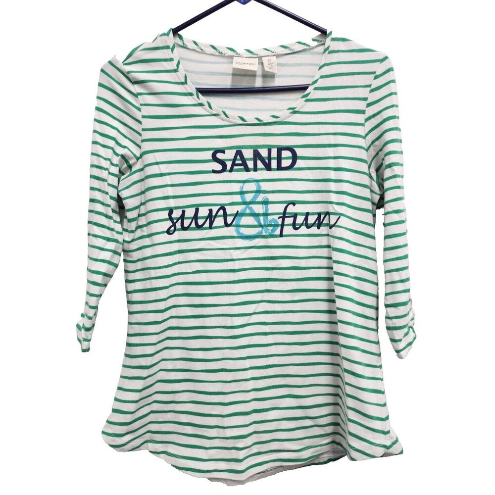 Zenergy‎ by Chicos Womens Top Size Small Green White Striped 3/4 Sleeve Vacation